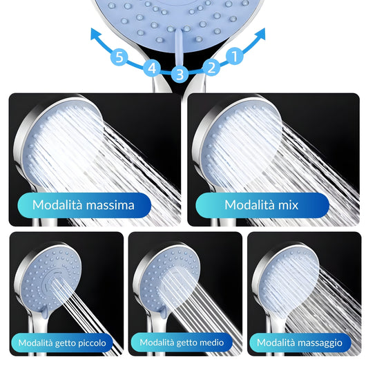 Doccetta 5 funzioni multigetto anticalcare abs cromato + tubo flessibile acciaio inox estensibile cm 150 doccia
