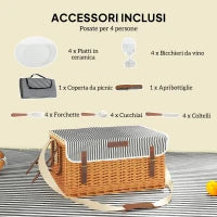 Cesta da Pic Nic per 4 Persone con Tavolino e Cavatappi, in Vimini, 51x33x25 cm, Marrone Chiaro