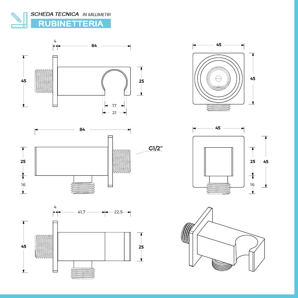 Presa acqua con supporto per doccino in ottone cromo design squadrato