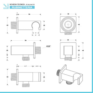Presa acqua con supporto per doccino in ottone cromo design squadrato