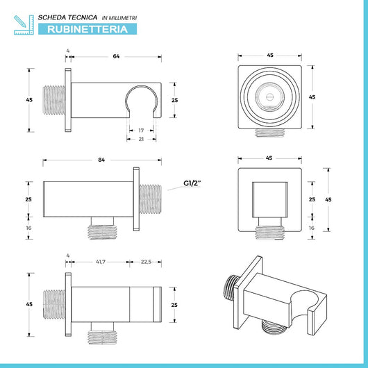 Presa acqua con supporto per doccino in ottone cromo design squadrato