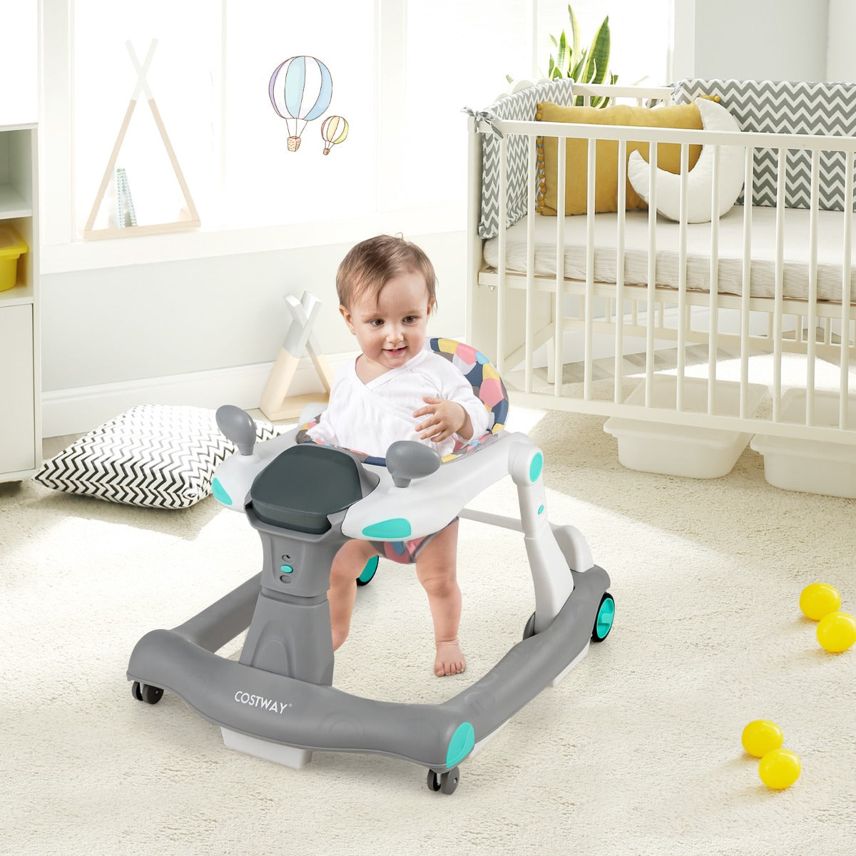 Primi passi 2 in 1 per bambini con cuscino altezza velocit¨¤ regolabili, Primi passi a spinta pieghevole Grigio-Primi passi