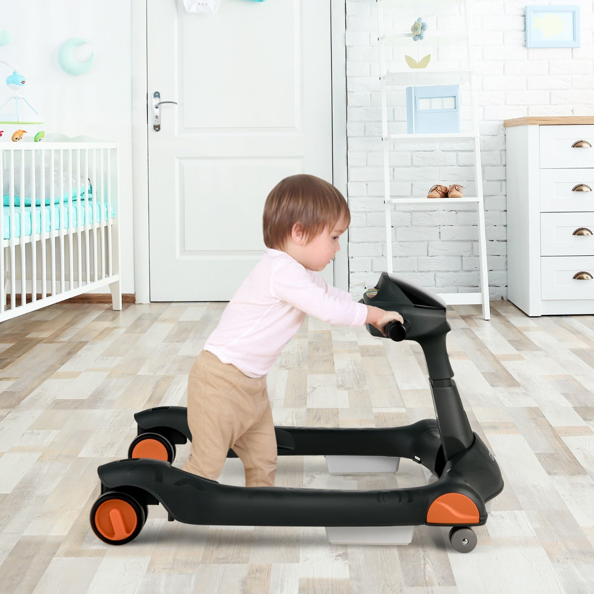 Primi passi 2 in 1 per bambini con cuscino altezza velocit¨¤ regolabili, Primi passi a spinta pieghevole Nero-Primi passi