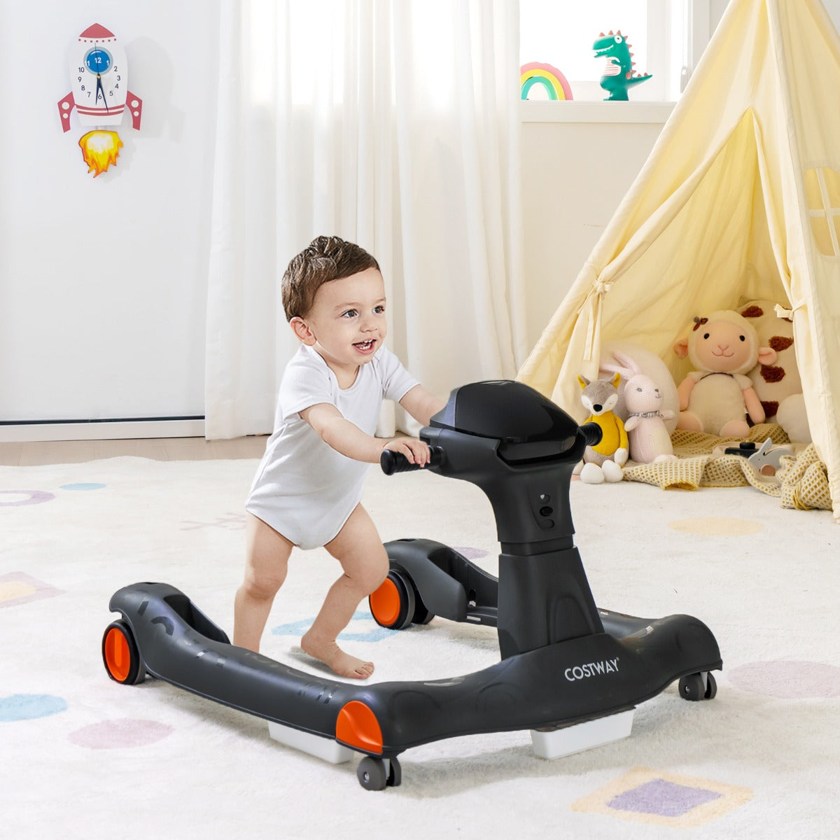 Primi passi 2 in 1 per bambini con cuscino altezza velocit¨¤ regolabili, Primi passi a spinta pieghevole Nero-Primi passi
