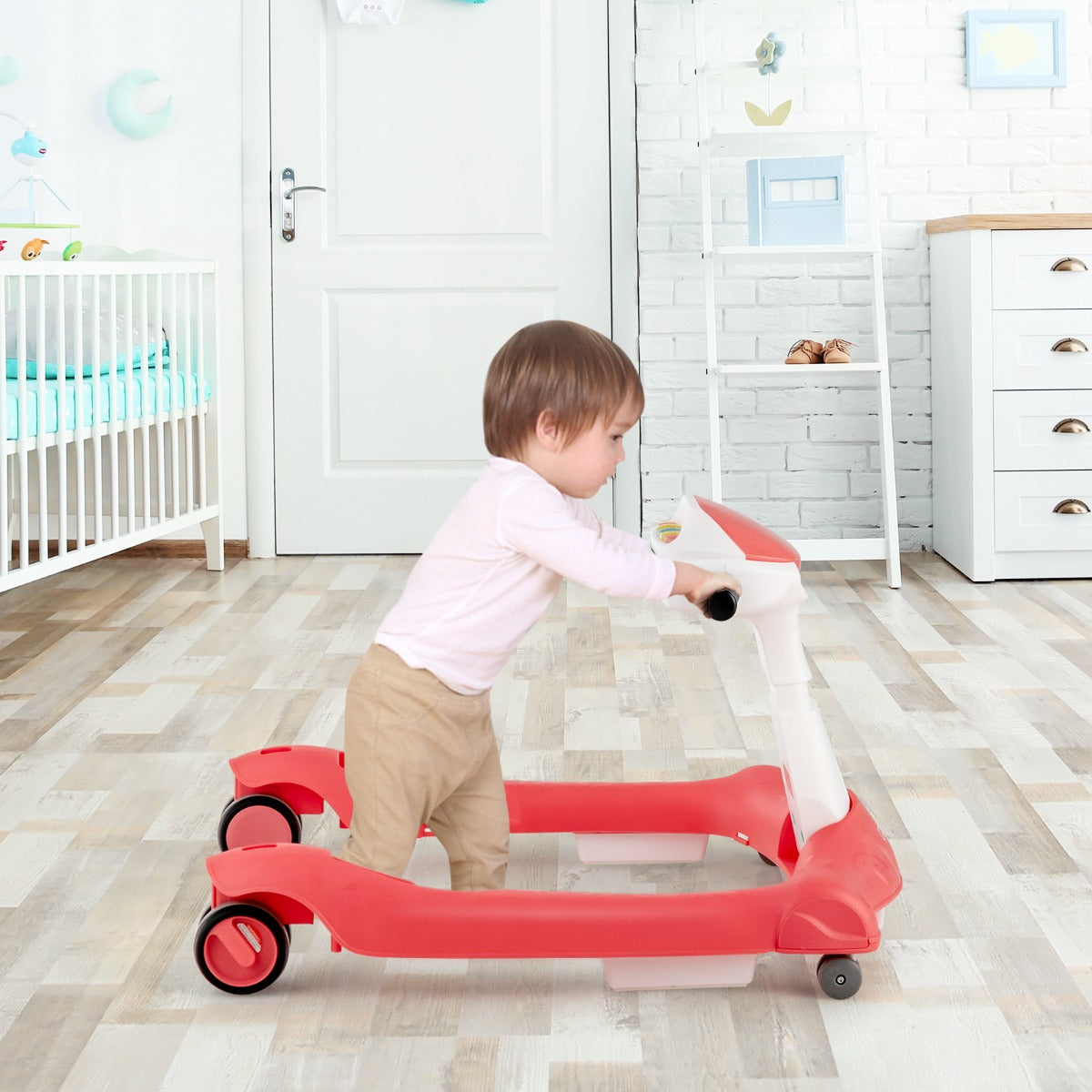 Primi passi 2 in 1 per bambini con cuscino altezza velocit¨¤ regolabili, Primi passi a spinta pieghevole Arancione-Primi passi