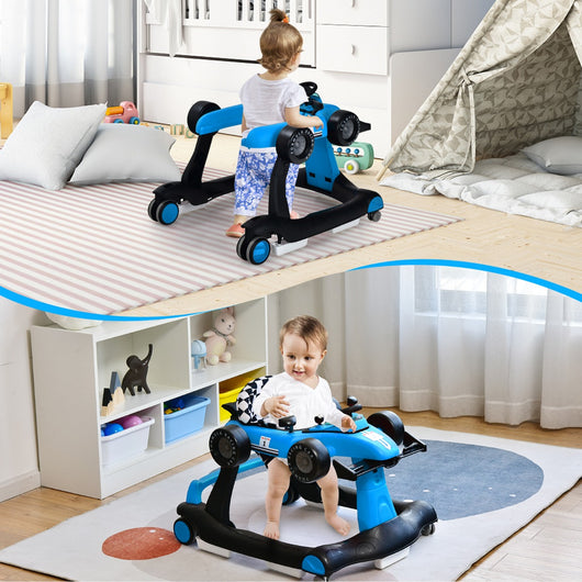 Primi passi 4 in 1 per neonati con altezza e velocit¨¤ regolabili, Primi passi a spinta con carillon con luci Blu-Primi passi