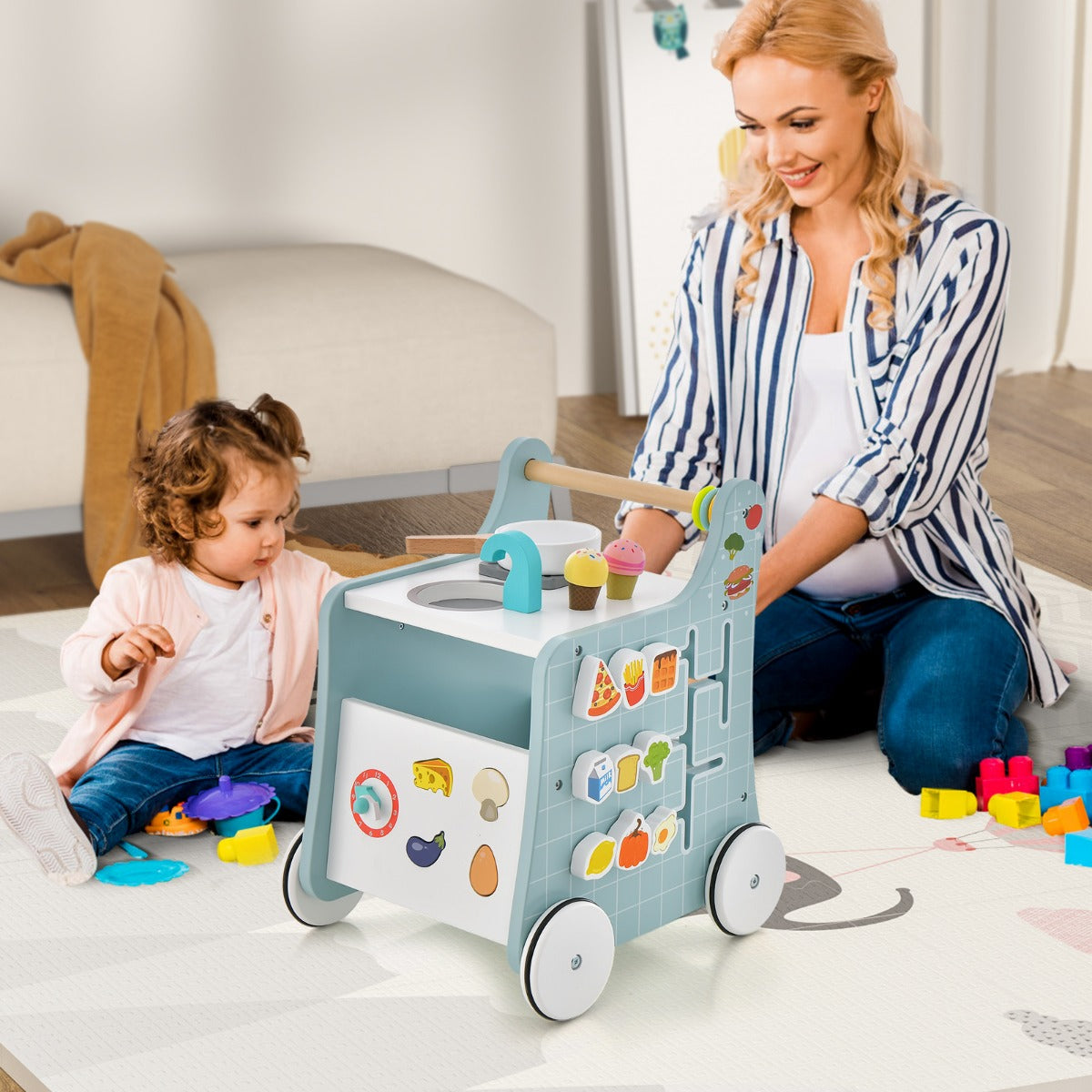 Primi passi per bambini in legno 6 in 1, Carrellino primi passi per spingere e tirare con cucina giocattolo Blu-Primi passi