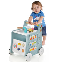 Primi passi per bambini in legno 6 in 1, Carrellino primi passi per spingere e tirare con cucina giocattolo Blu-Primi passi