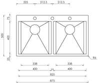 Lavello FOCUS MIX 3"  2 vasche ACCIAIO INOX INCASSO SLIM 87,5X50 prof. 19  015225.X3.01.2033