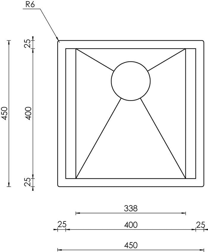 Lavello FOCUS 3" 1 vasca ACCIAIO INOX INCASSO SOTTOTOP 45X45 prof. 19 015211.X0.01.2018