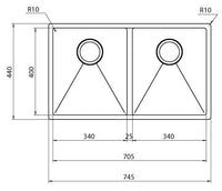 Lavello ZEFFIRO F3" 2 vasche  ACCIAIO INOX, incasso SLIM - SOTTOTOP - FILOTOP 74,5X44  prof. 19 012082.X0.01.2022