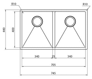 Lavello ZEFFIRO F3" 2 vasche  ACCIAIO INOX, incasso SLIM - SOTTOTOP - FILOTOP 74,5X44  prof. 19 012082.X0.01.2022