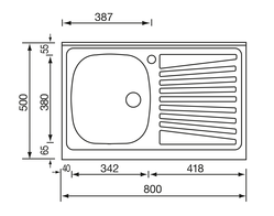 Lavello MONDIAL appoggio 80X50 1 vasca sinistra+ gocciolatoio ACCIAIO INOX 031031.S1.01.2009
