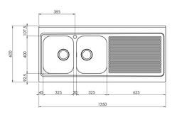 Lavello ROSSANA appoggio 135X60 2 vasche destre+ gocciolatoio ACCIAIO INOX 031138.D1.01.2009