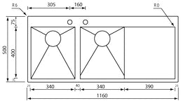 Lavello FILOQUADRA MIX 116X50  2 vasche sinistre+ gocciolatoio ACCIAIO INOX 012963.S2.01.2033