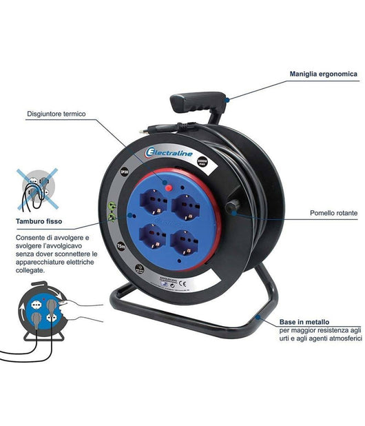 Prolunga Elettrica Cavo 15 Mt Avvolgicavo 4 Prese Schuko Polivalenti Spina 16a         