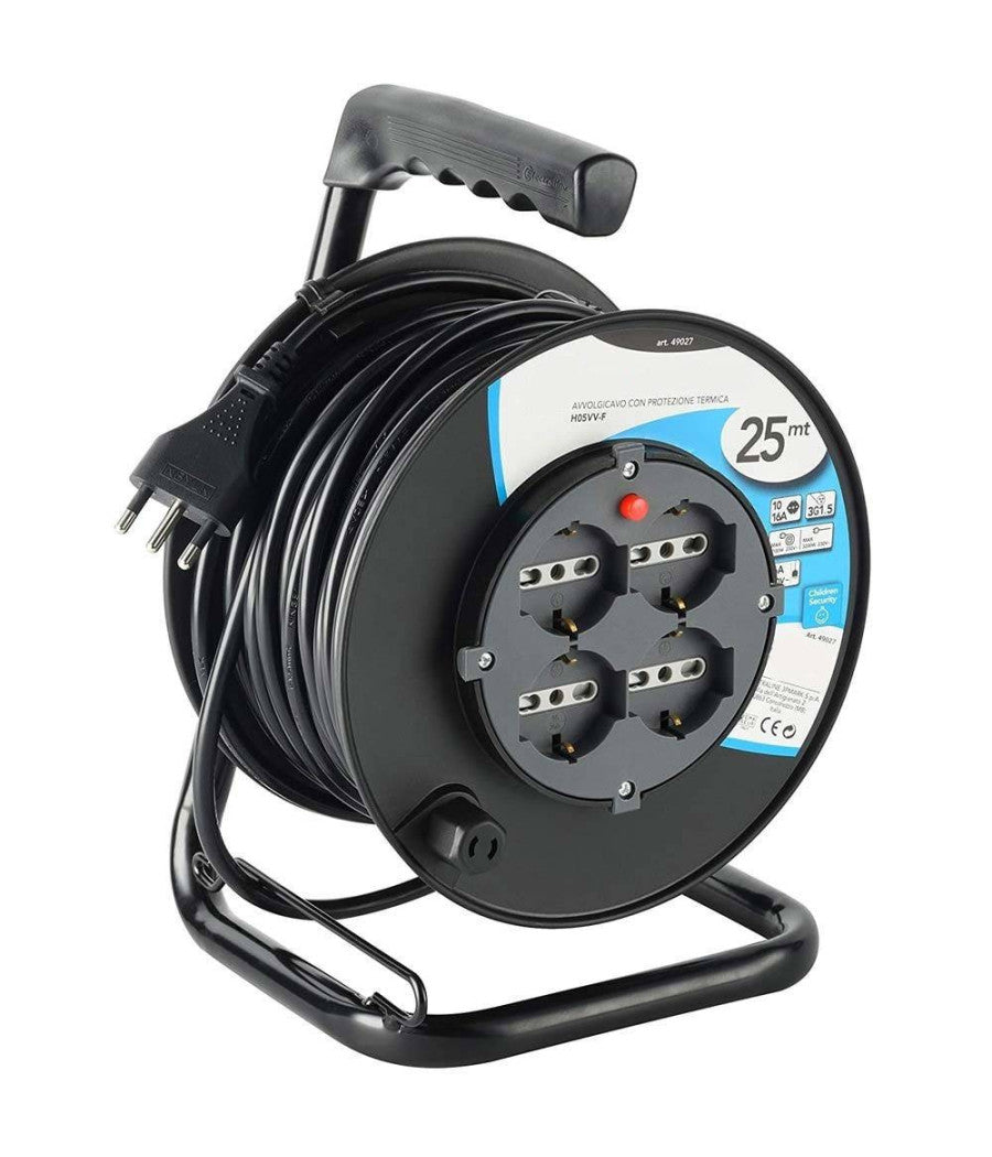 Prolunga Elettrica Cavo 25 Mt Avvolgicavo 4 Prese Schuko Polivalenti Spina 16a         