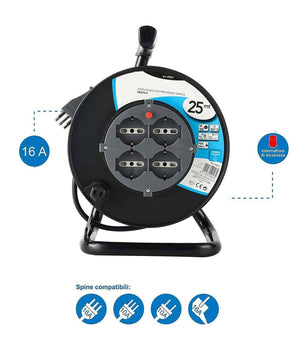 Prolunga Elettrica Cavo 25 Mt Avvolgicavo 4 Prese Schuko Polivalenti Spina 16a         