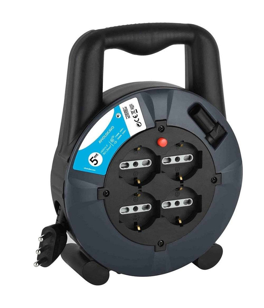Prolunga Elettrica Cavo 5 Mt Avvolgicavo â€‹4 Prese Schuko Polivalenti Spina 16a         