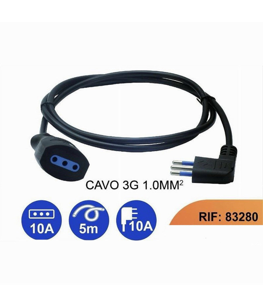 Prolunga Lineare 5 Metri Con Spina 10a 2p+t + Presa 10a 2p+t Cavo 90° Nera 83280         