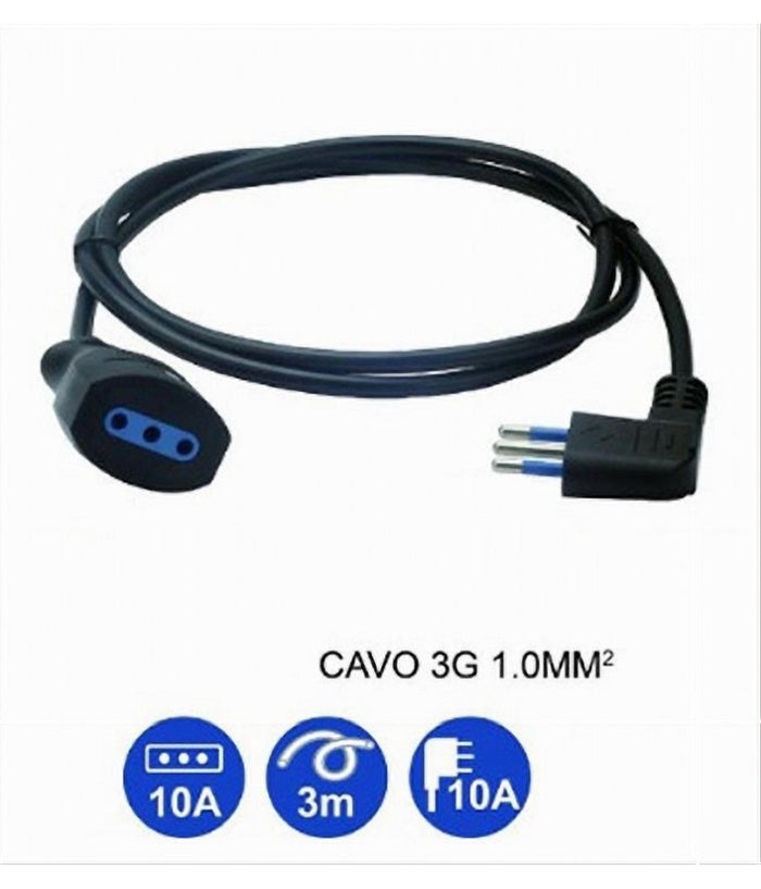 Prolunga Lineare Nera Spina 10a 2p+t + Presa 10a 2p+t Uscita Cavo 3 Mt 90° 83279         
