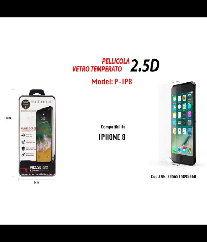 Proteggi Schermo Per Iphone 8 Pellicola In Vetro Temperato Maxtech P-ip8         
