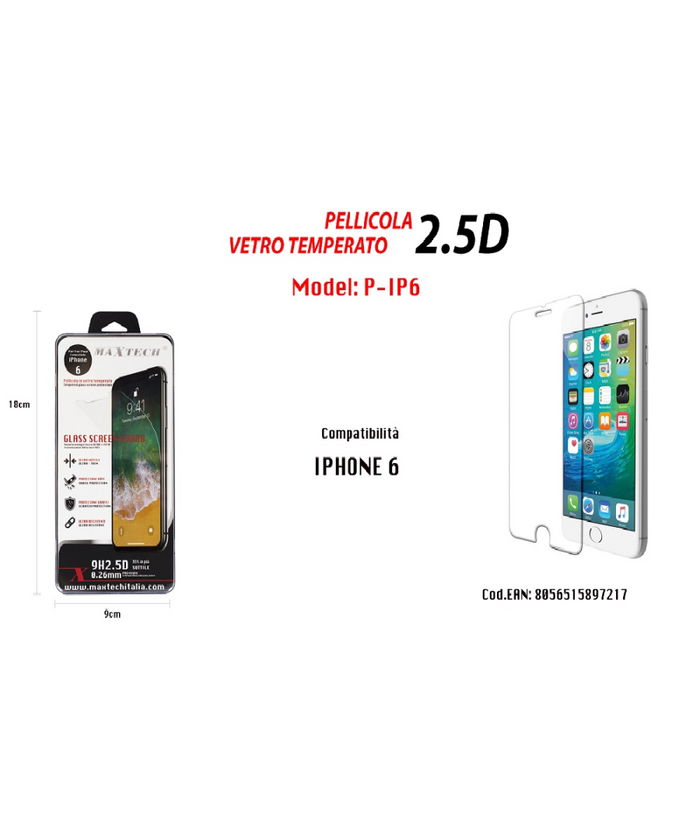Protezione Schermo In Vetro Temperato Iphone 6 Infrangibile Pellicola Maxtech P-ip6         