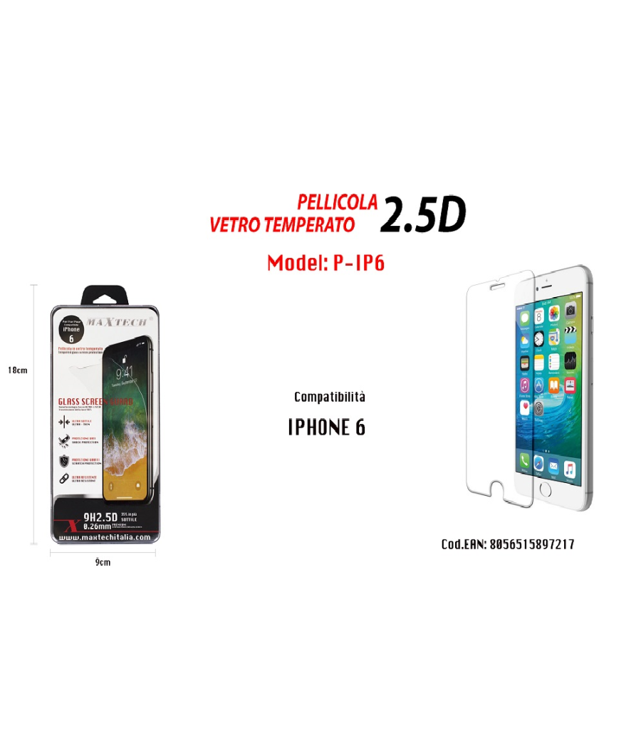 Protezione Schermo In Vetro Temperato Iphone 6 Infrangibile Pellicola Maxtech P-ip6         