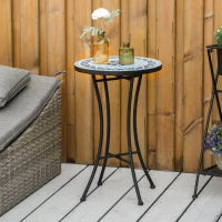 Tavolino da Giardino Rotondo in Metallo con Piano in Ceramica, Design a Mosaico, Ф35.5x53.5cm, Blu