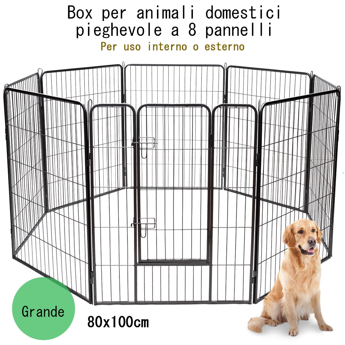 Recinto per animali con 8 pannelli di metallo da interno ed esterno, Gabbia portatile per cane 100x80cm-Cancelli