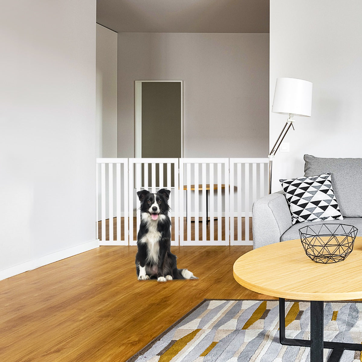 Cancello di legno pieghevole e girevole con 4 pannelli, Barriera per animali con cuscinetti antiscivolo Bianco-Cancelli