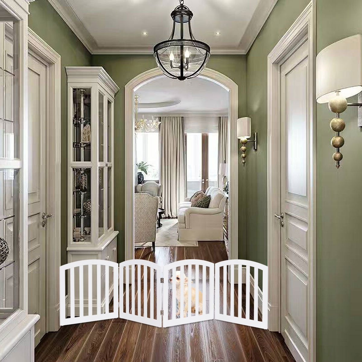 Cancello di legno con 4 pannelli per animali domestici, Cancello di sicurezza per cani da casae scale, Bianco-Cancelli