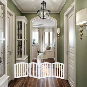 Cancello di legno con 4 pannelli per animali domestici, Cancello di sicurezza per cani da casae scale, Bianco-Cancelli