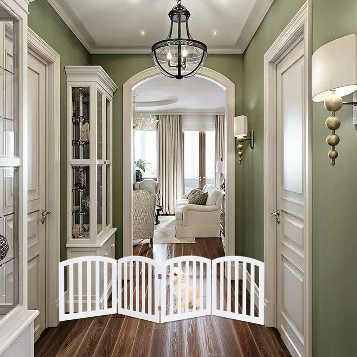 Cancello di legno con 4 pannelli per animali domestici, Cancello di sicurezza per cani da casae scale, Bianco-Cancelli