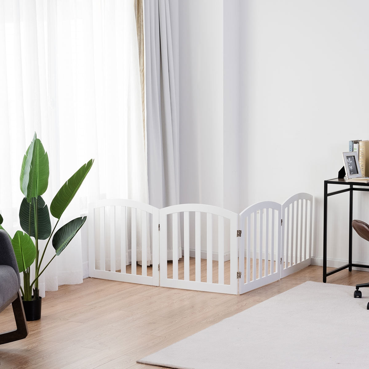 Cancello di legno con 4 pannelli per animali domestici, Cancello di sicurezza per cani da casae scale, Bianco-Cancelli