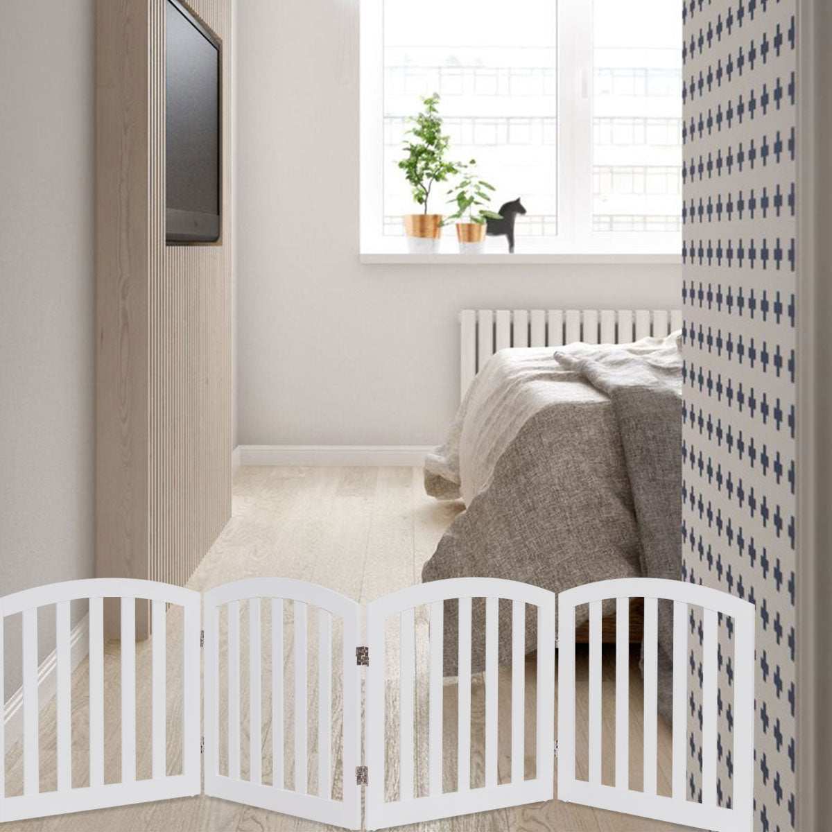 Cancello di legno con 4 pannelli per animali domestici, Cancello di sicurezza per cani da casae scale, Bianco-Cancelli