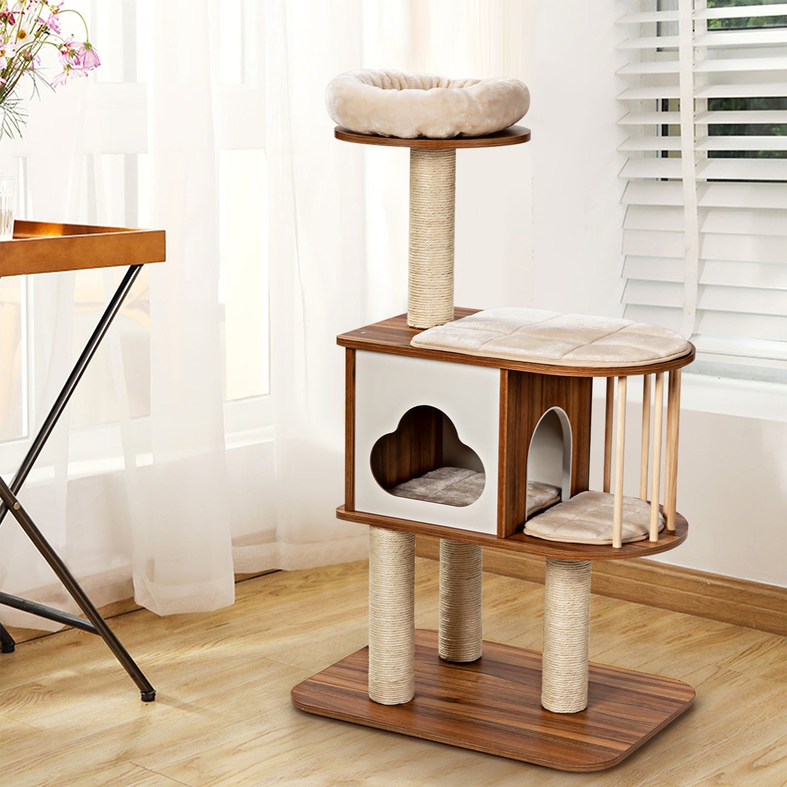 Albero tiragraffi per gatti, Torre di legno con piattaforma tiragraffi e cuscini lavabili-Alberi Tiragraffi