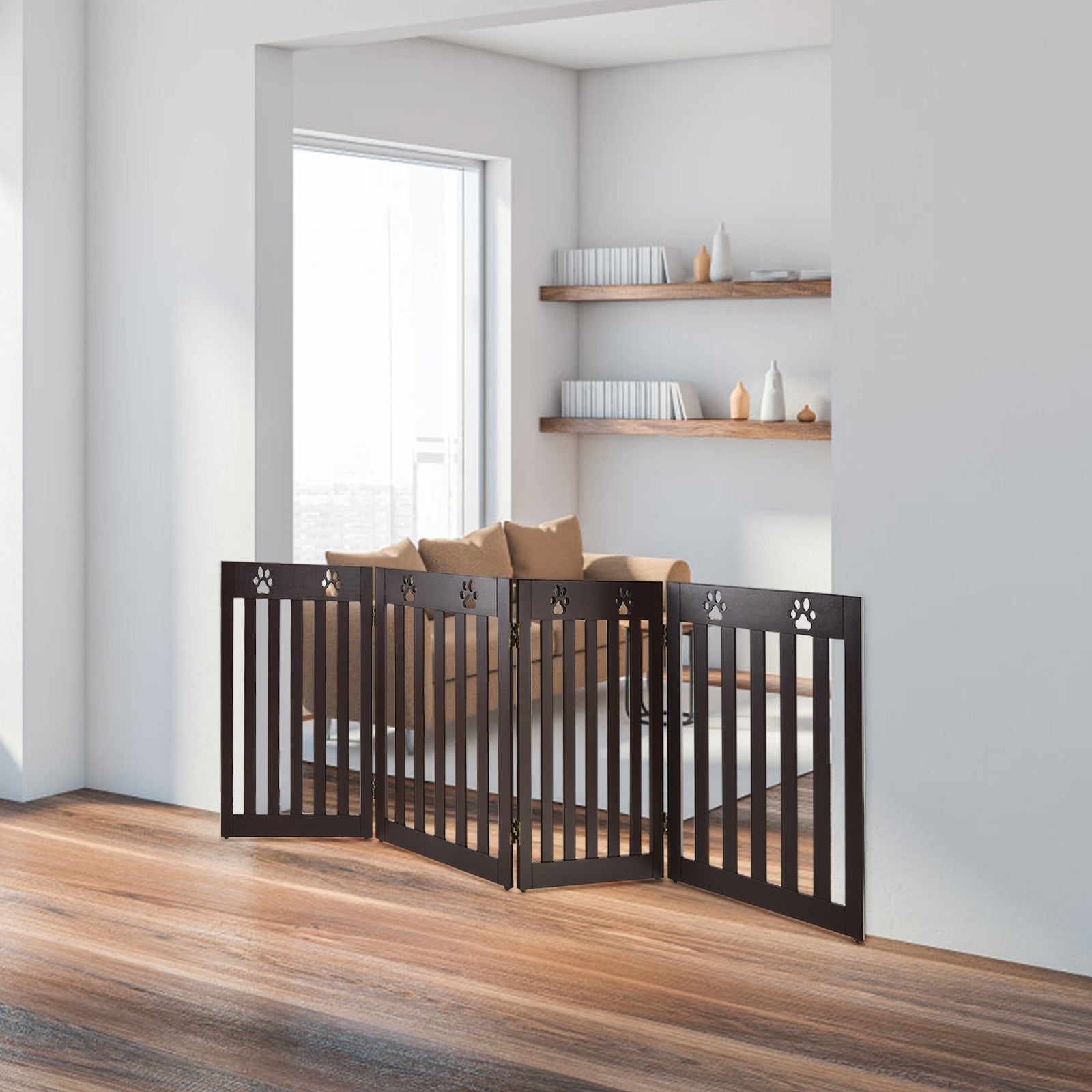 Cancello di legno per animali domestici, Cancello pieghevole con cerniere flessibili a 360¡ã e 4 pannelli, Caff¨¨-Cancelli