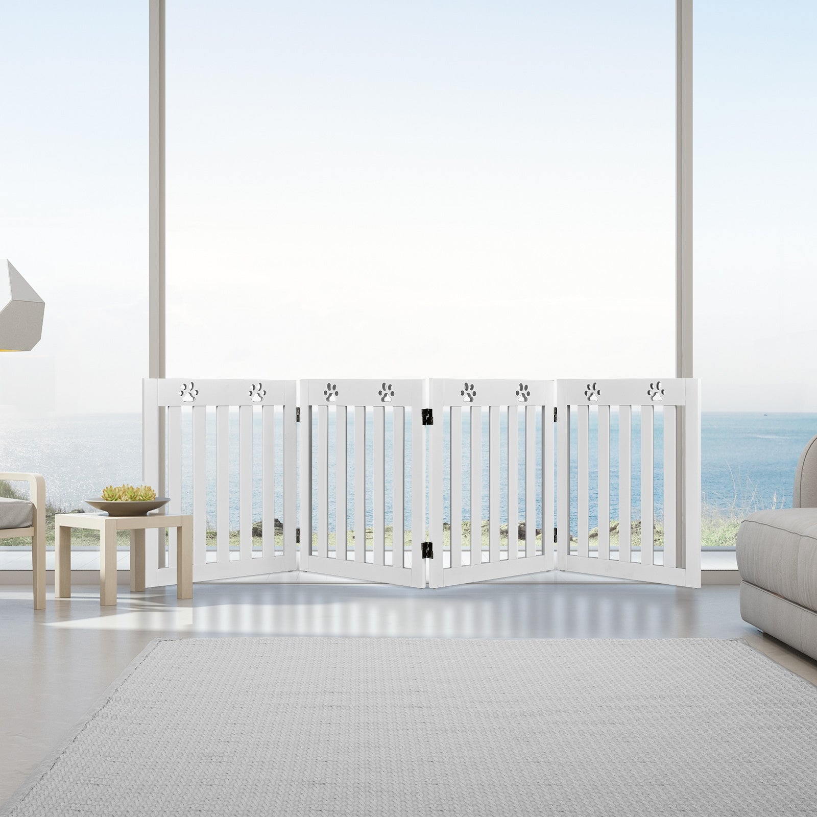 Cancello di legno per animali domestici, Cancello pieghevole con cerniere flessibili a 360¡ã e 4 pannelli, Bianco-Cancelli