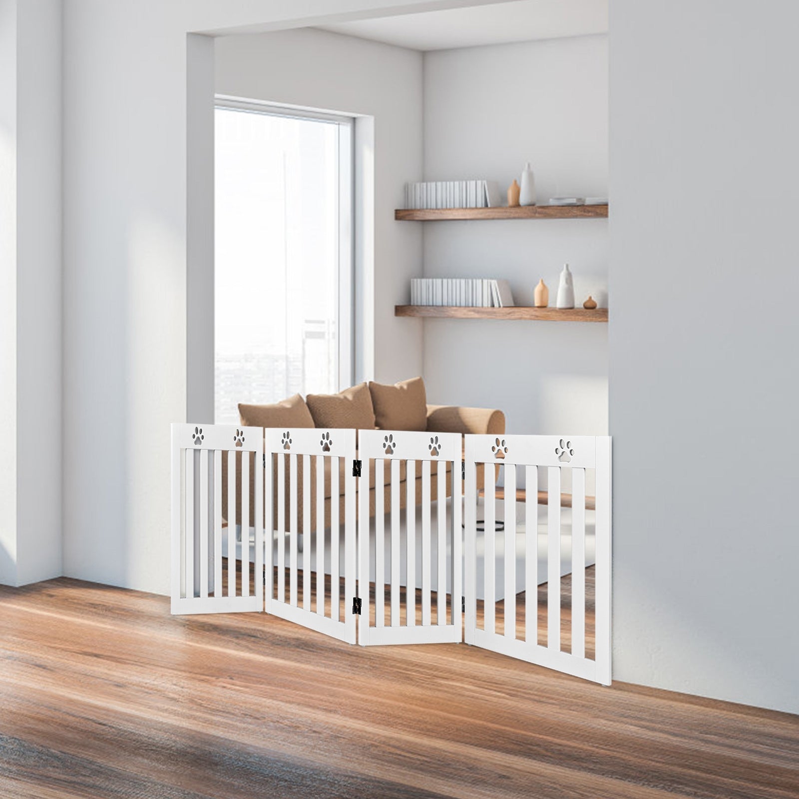 Cancello di legno per animali domestici, Cancello pieghevole con cerniere flessibili a 360¡ã e 4 pannelli, Bianco-Cancelli