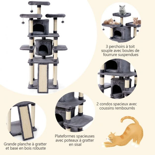Tiragraffi per gatti 60 x 50 x 170 cm con tiragraffi a montanti 3 trespoli in peluche 2 nicchie 3 peluche sospesi 20_0005403
