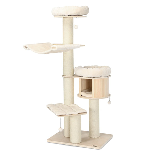 Albero per gatti in legno massello da 174 cm torre per gatti a 4 livelli con tiragraffi in sisal cuccia trespolo in peluche amaca e supporto per arrampicata 20_0005505