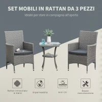 Set Giardino Esterno 3 Pezzi in Rattan PE e Acciaio, Set 2 Sedie con Cuscini Lavabili, Braccioli, Tavolino da Caffè con Piano in Vetro, Salotto da Giardino Balcone Patio Cortile, Grigio