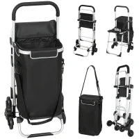 Carrello della Spesa in Alluminio con Borsa da 40L Impermeabile e Sedile, 46x59.5x97 cm, Nero e Argento