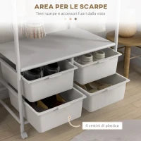 Stand Appendiabiti con Scarpiera a 4 Cesti e 8 Ganci, in Acciaio e Plastica, 63x37x153 cm, Bianco