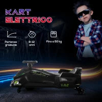 Go Kart Elettrico per Bambini 8-12 Anni Velocità 3-8 km/h per Drifting con Luci e Musica, Nero