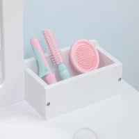 Set Toeletta per Bambini con Tavolo Trucco e Sgabello, Specchio e 2 Cassetti, Bianco e Colore Legno