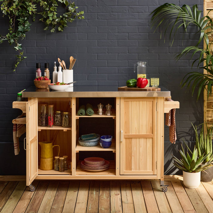 Cucina esterna in legno con maniglie e 7 vani portaoggetti, 130cm,