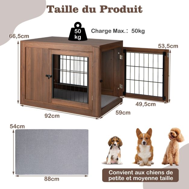 Gabbia per cani con 2 ante con serratura cuscino in lino mobili per cani in stile industriale 92 x 59 x 66,5 cm noce 20_0006490