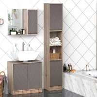 Mobiletto Salvaspazio per Bagno in Legno, Mobile da Bagno con 2 Armadietti e Ripiani Regolabili, Design a Colonna, 30x24x170 cm, Grigio e Rovere